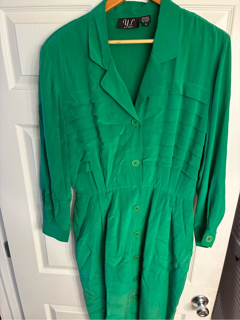 YL by Yair 100 % Silk Emerald Green Long-Sleeve Pleated Button Dress